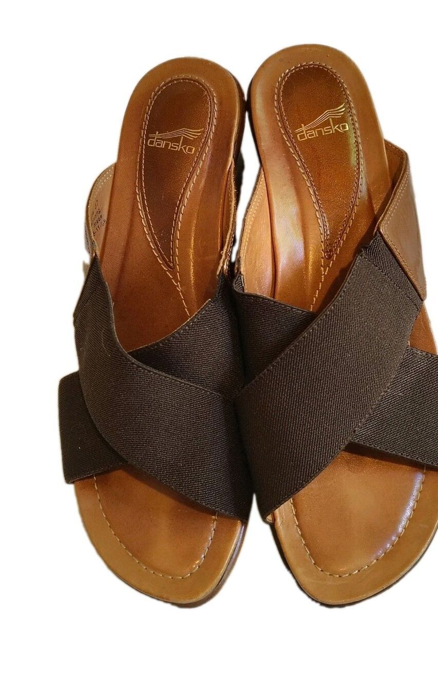 Dansko Brown Elastic Crisscross Wedge Sandals Mules Size 37 US 7 - Picture 6 of 9